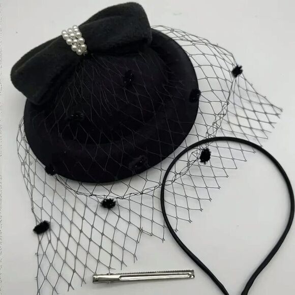 🖤 Pinup Accessory 1950s Retro Vintage Fascinator Black Pillbox Pearl Veil Hat - Picture 7 of 13